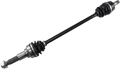 A black automotive CV axle shaft with metal joints and rubber boots at both ends, showing detailed grooves on the metal and accordion-shaped rubber covers to protect the joints, photographed on a plain white background.