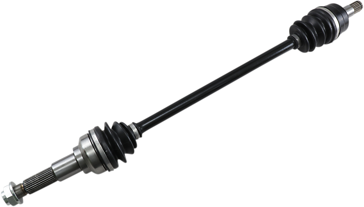 A black automotive CV axle shaft with metal joints and rubber boots at both ends, showing detailed grooves on the metal and accordion-shaped rubber covers to protect the joints, photographed on a plain white background.