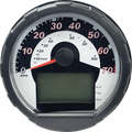 A round speedometer with a black rim and white face displays speeds from 0 to 70 MPH in red numbers. The needle points near 0. There’s a semicircular scale in KM/H and a large blank digital screen at the bottom with indicators for Tach, Trip, and Odo.