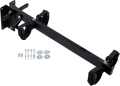 A black metal wall-mounted kayak rack with adjustable padded straps on each end. The rack is shown with mounting hardware, including bolts, washers, and nuts, laid out on a white background.