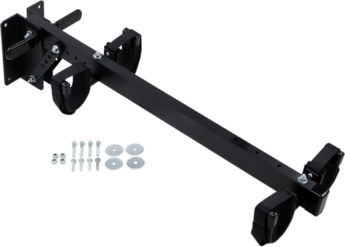 A black metal wall-mounted kayak rack with adjustable padded straps on each end. The rack is shown with mounting hardware, including bolts, washers, and nuts, laid out on a white background.