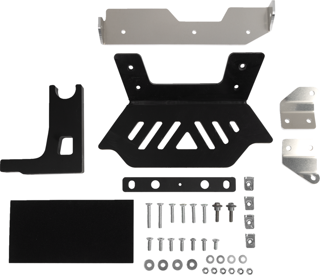 A set of metal mounting brackets, plates, screws, washers, and bolts arranged neatly on a white background, showing various shapes and sizes of components typically used for assembling or mounting hardware equipment.
