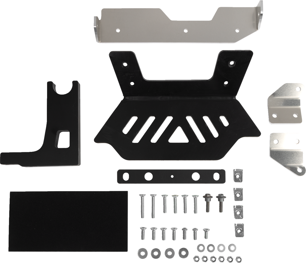 A set of metal mounting brackets, plates, screws, washers, and bolts arranged neatly on a white background, showing various shapes and sizes of components typically used for assembling or mounting hardware equipment.