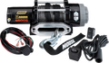 A black Moose utility winch labeled “AGGRO 4500S” is shown with a wound cable, metal hook, and roller fairlead. Surrounding it are a remote control, power cables, a switch, and a strap labeled “MOOSE.” All parts are displayed on a white background.