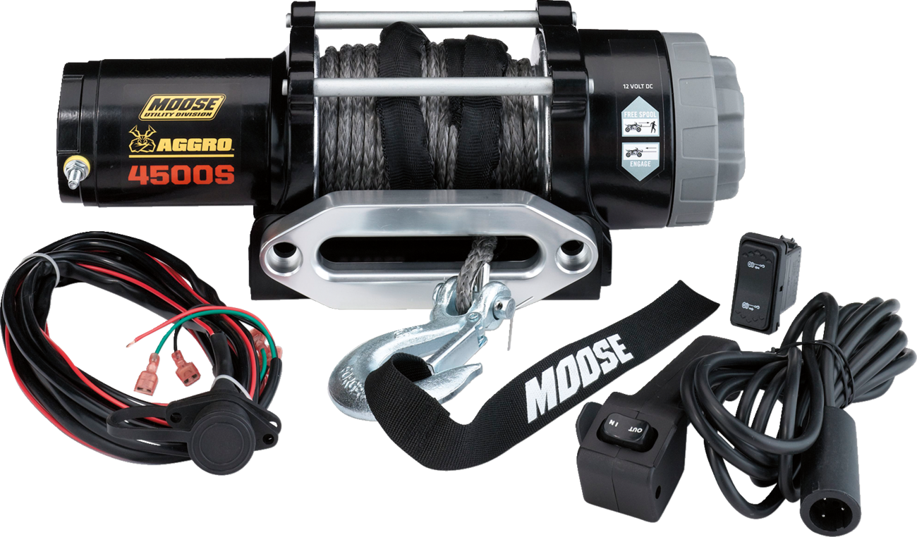 A black Moose utility winch labeled “AGGRO 4500S” is shown with a wound cable, metal hook, and roller fairlead. Surrounding it are a remote control, power cables, a switch, and a strap labeled “MOOSE.” All parts are displayed on a white background.