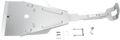 A silver metal skid plate with mounting brackets, bolts, washers, and screws laid out on a white background. The plate has a central hole, raised strips for reinforcement, and an extended section with a bent end for attachment.