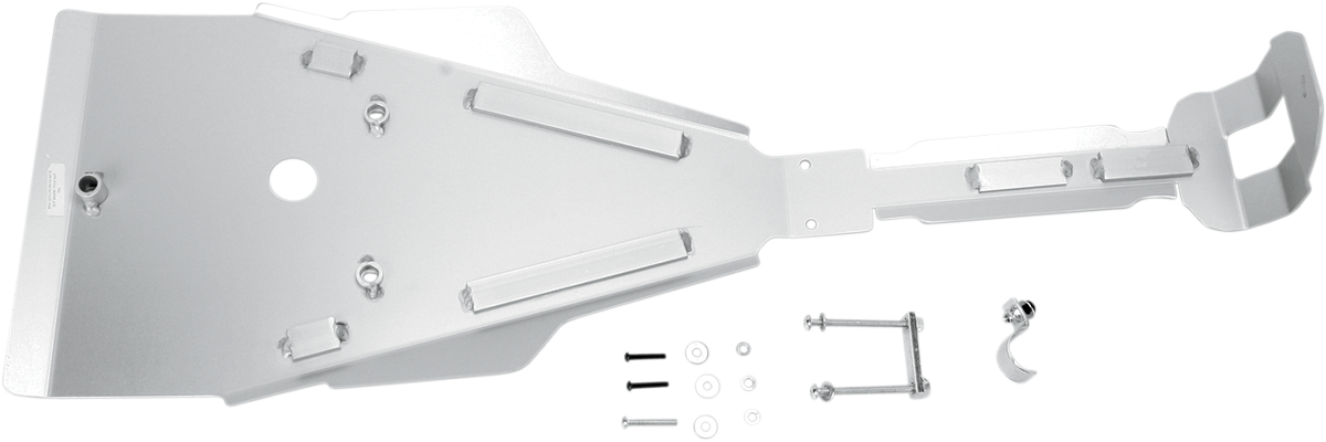 A silver metal skid plate with mounting brackets, bolts, washers, and screws laid out on a white background. The plate has a central hole, raised strips for reinforcement, and an extended section with a bent end for attachment.