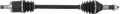 A car’s CV axle shaft with splined metal ends, black rubber boots covering the joints, and a straight black shaft connecting both sides. The image shows the part horizontally on a plain, light background.