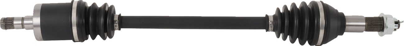 A car’s CV axle shaft with splined metal ends, black rubber boots covering the joints, and a straight black shaft connecting both sides. The image shows the part horizontally on a plain, light background.