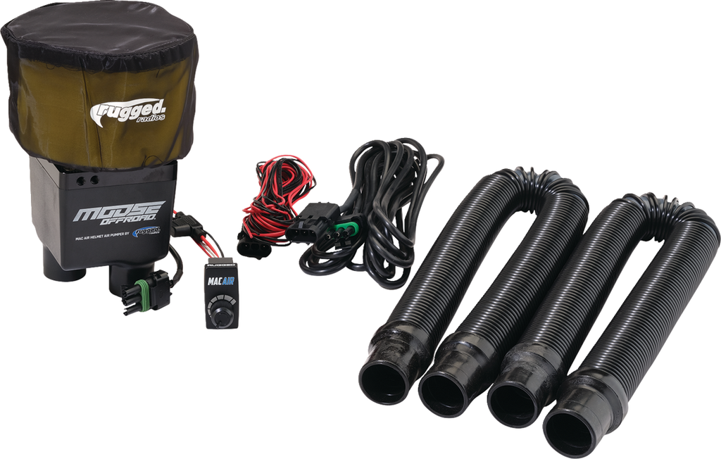 A dust separator kit for vehicles, including a black and olive cylindrical filter unit with “Rugged” and “Moose Utility” logos, a wired control switch, power cables, and three flexible black plastic hoses with connectors on each end.