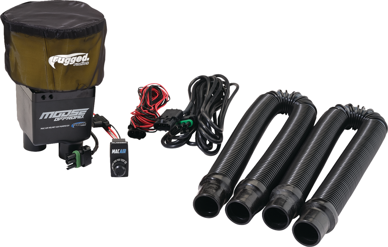 A dust separator kit for vehicles, including a black and olive cylindrical filter unit with “Rugged” and “Moose Utility” logos, a wired control switch, power cables, and three flexible black plastic hoses with connectors on each end.