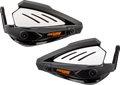 Two black and white plastic motorcycle handguards with angular designs, vented white panels, and orange Moose Racing logos are shown side by side on a light gray background. The handguards have mounting points and aerodynamic features.