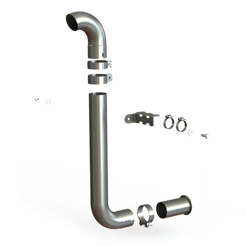 A rendered image displays the Honda Rubicon 500 Snorkel’s metallic L-shaped pipe with elbow joint, along with separated brackets, clamps, screws, and a short pipe piece—all floating in alignment as an exploded assembly view on a white background.