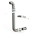 A digital rendering of the Can Am Outlander Snorkel, featuring a metal pipe assembly with 90-degree and 45-degree bends, is shown exploded to display separate clamps, brackets, screws, and a short extension aligned on a white background.