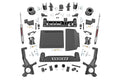 The 6 Inch Lift Kit | N3 for Toyota Tundra 2WD/4WD (2022-2025) features black metal and plastic suspension components, brackets, plates, spacers, bolts, and two gray shock absorbers arranged symmetrically on a white background.