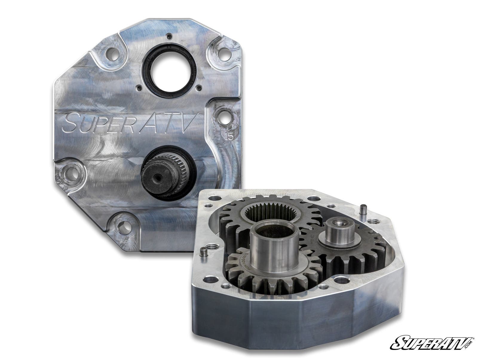 Two Honda Talon 1000R 4 Portal Gear Lift gearboxes are shown: one reveals exposed inner gears, the other shows a cover engraved with “SuperATV.” Both rest on a white background with a small SuperATV logo in the bottom right corner.