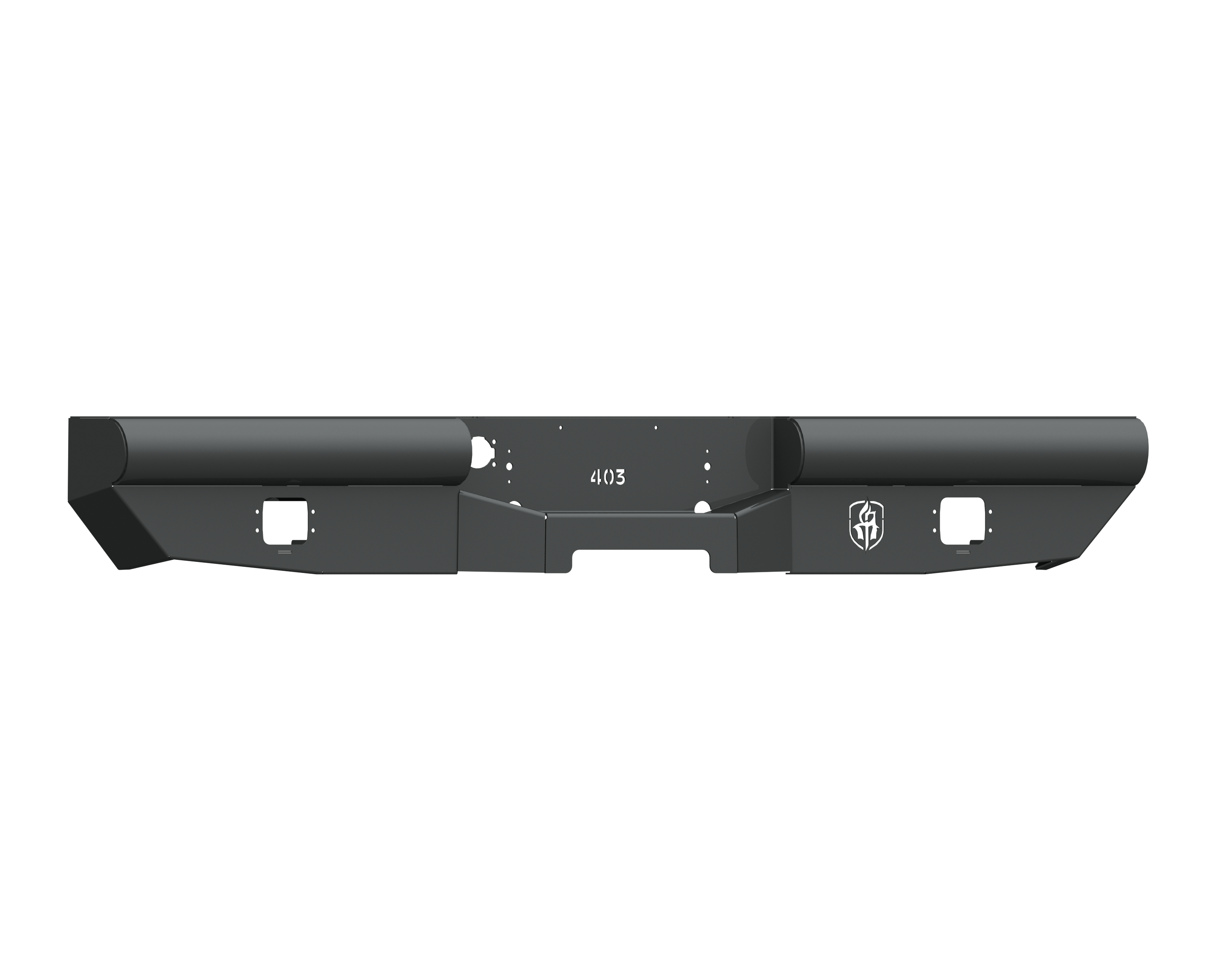 The 2003-2009 Ram 2500 Vaquero Rear Non-Winch Bumper in texture black features a rectangular center cutout, two square side cutouts, and a right-side etched logo, with smooth angular lines for a clean, modern industrial look.