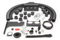 A selection of black HVAC components for Polaris RZR XP1000 (2019-2022) including Turbo and Ride Command—hoses, vents, connectors, brackets, switches, wire ties, wiring, a fuse, fasteners & hole saw bits—are arranged on a white surface.