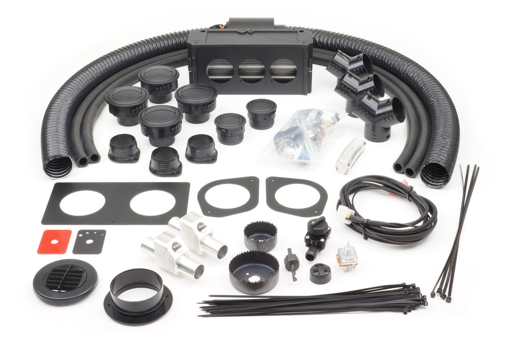 The Honda Pioneer 1000 (2016-2021) Ice Crusher Cab Heater kit includes hoses, vents, connectors, metal ducts, mounting hardware, switches, zip ties, wiring, and installation templates—everything for a complete heater setup.