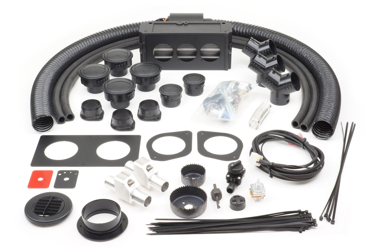 The Honda Pioneer 1000 (2016-2021) Ice Crusher Cab Heater kit includes hoses, vents, connectors, metal ducts, mounting hardware, switches, zip ties, wiring, and installation templates—everything for a complete heater setup.