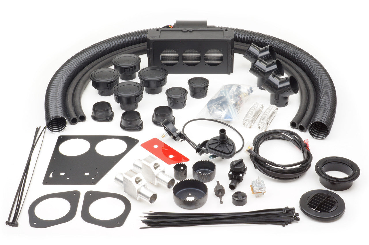 The Honda Pioneer 1000 LE (2016-2021) Ice Crusher Cab Heater kit is shown on a white background, with organized black flexible hoses, vents, mounting plates, zip ties, wiring, switches, connectors, drill bits, clamps, and plastic fittings for installation