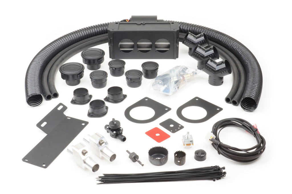 The Polaris Ranger XP1000/1000/Crew (2017) - Ice Crusher Cab Heater installation kit is shown on a white background with flexible hoses, vents, mounting plates, wiring, zip ties, fittings, connectors, gaskets, switches, and hardware components neatly arra