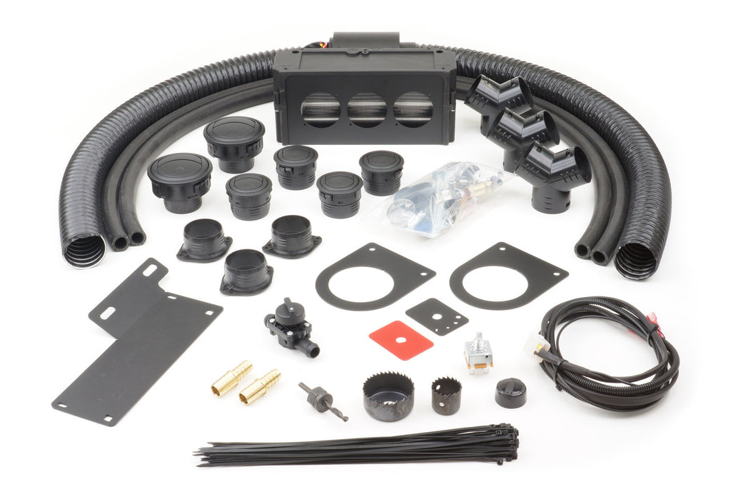 An Ice Crusher Cab Heater kit for the Polaris Ranger 570 (2015-2016) with Pro Fit roll cage, displayed on white background, includes hoses, vents, connectors, brackets, wiring, screws, clamps, switch, mounting plates, hole saw bits, ties and fittings.