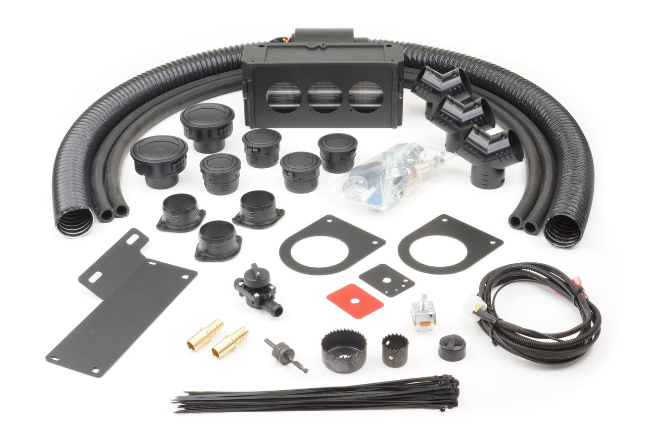 An Ice Crusher Cab Heater kit for the Polaris Ranger 570 (2015-2016) with Pro Fit roll cage, displayed on white background, includes hoses, vents, connectors, brackets, wiring, screws, clamps, switch, mounting plates, hole saw bits, ties and fittings.