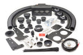 A set of components for the Polaris Ranger Midsize ETX (2015-2017) Ice Crusher Cab Heater, including hoses, vents, brackets, clamps, wires, zip ties, fittings, screws, grommets, plates, saw blades, springs, and connectors on a white surface.