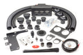 A Polaris RZR XP1000 Turbo (2016-2018) Ice Crusher Cab Heater kit is laid out on a white surface, showing black hoses, vents, brackets, connectors, wiring, zip ties, clamps, rotary vent, hole saws, screws, and a multi-port control unit.