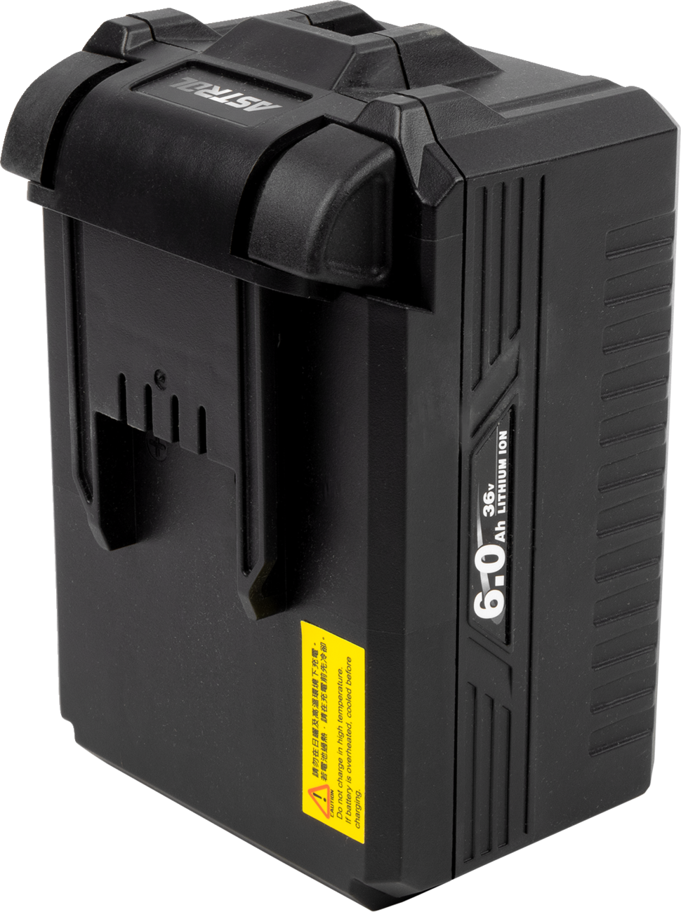 A black rectangular 6.0 Ah lithium-ion battery pack with ridged sides, a handle-like top, and yellow warning labels. The brand POLIST is visible at the top, and battery specs are labeled on the side in white text.