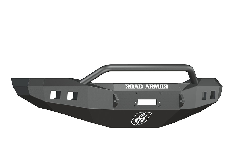 A texture black, heavy-duty Stealth Front Winch Bumper with Pre-Runner Guard for 2006-2009 Ram 2500, compatible with Warn M12000 and Smittybilt XRC winches. Features angular design, ROAD ARMOR branding, and multiple mounting points.