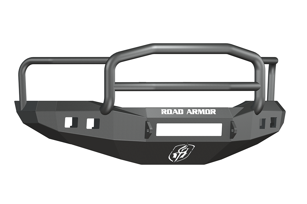The 2006-2009 Ram 2500 Stealth Front Non-Winch Bumper Lonestar Guard in texture black features a matte, angular design with a tubular grille guard, ROAD ARMOR branding in white, logo below, plus side slots and mounting points.