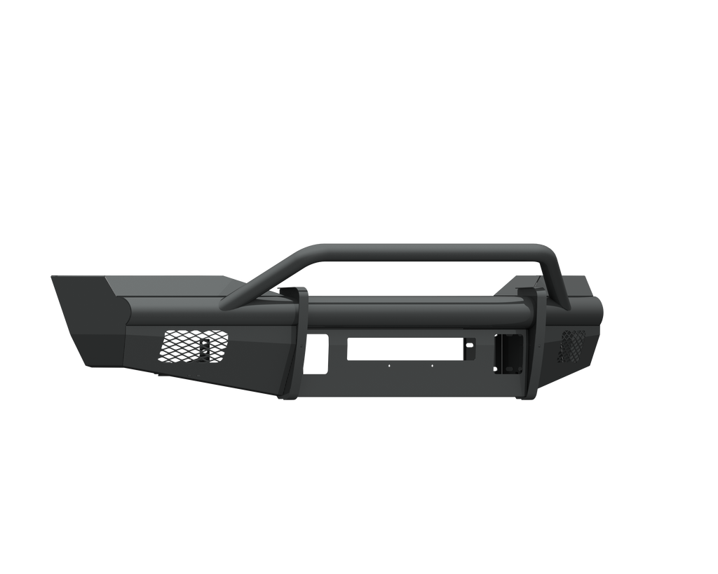 The 2006-2009 Ram 2500 Vaquero Front Non-Winch Bumper Pre-Runner Guard in textured black features a central rectangular cutout, side mesh vents, mounting points, an angular design, and a sturdy tubular center bar. Background is transparent.