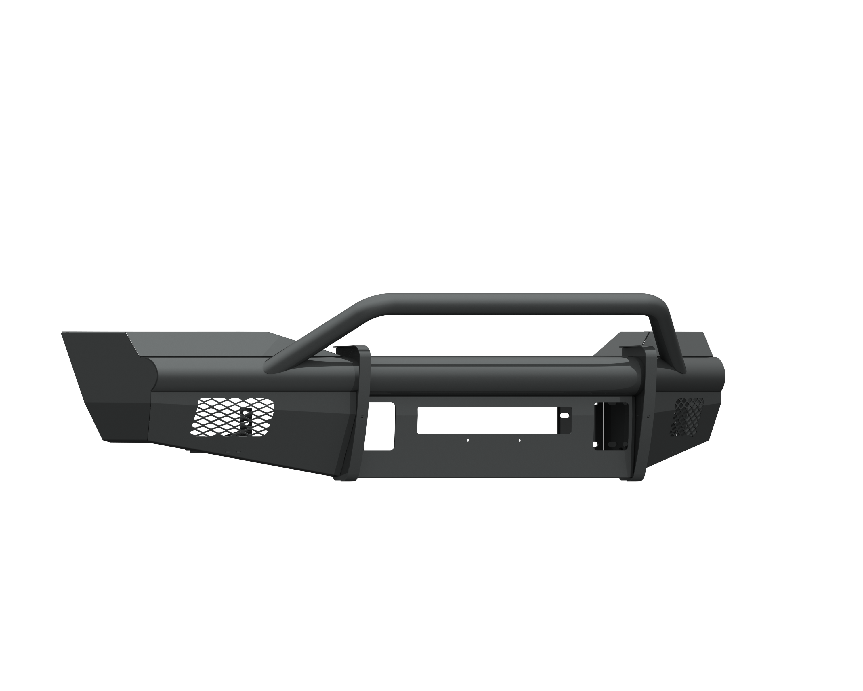 The 2006-2009 Ram 2500 Vaquero Front Non-Winch Bumper Pre-Runner Guard in textured black features a central rectangular cutout, side mesh vents, mounting points, an angular design, and a sturdy tubular center bar. Background is transparent.