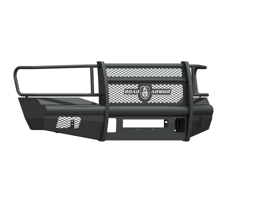 The 2006-2009 Ram 2500 Vaquero Front Non-Winch Bumper Full Guard in textured black features a heavy-duty build, perforated center panel, reinforced frame, angular sides, horizontal rail, and mounting points for robust front-end protection.