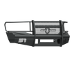 The 2006-2009 Ram 2500 Vaquero Front Non-Winch Bumper Full Guard in textured black features a heavy-duty build, perforated center panel, reinforced frame, angular sides, horizontal rail, and mounting points for robust front-end protection.