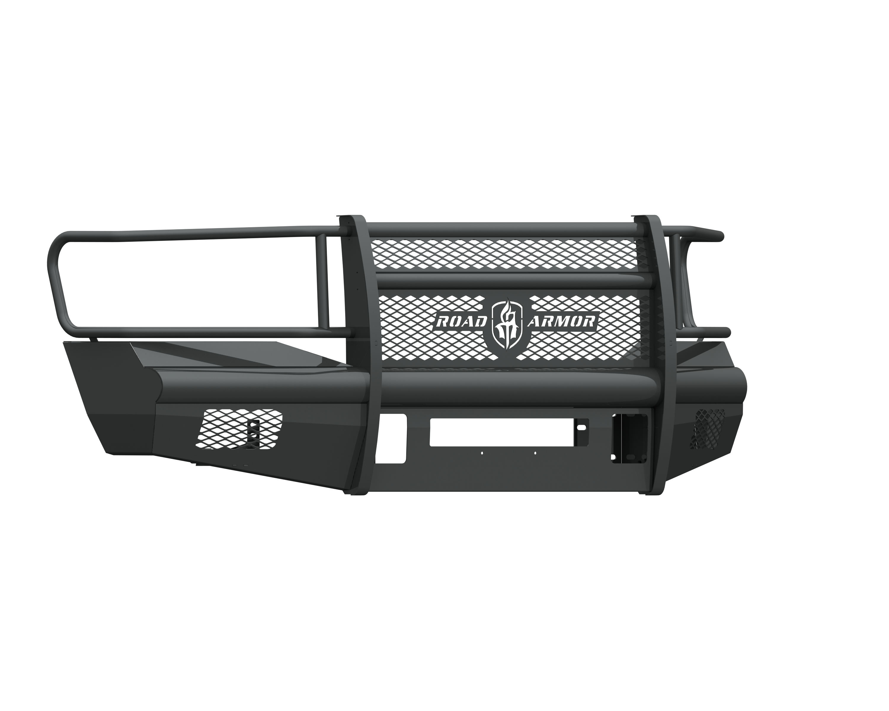 The 2006-2009 Ram 2500 Vaquero Front Non-Winch Bumper Full Guard in textured black features a heavy-duty build, perforated center panel, reinforced frame, angular sides, horizontal rail, and mounting points for robust front-end protection.