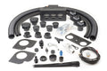 The Kawasaki Mule 4000/4010 and Trans (2009-2021) Ice Crusher Cab Heater kit is displayed on a white surface, showing black hoses, round vents, fittings, mounting plates, wiring, zip ties, screws, connectors, and an air distribution box.
