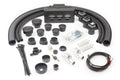 A John Deere Gator RSX850i/RSX860i (2012-2021) Ice Crusher Cab Heater kit is displayed on a white surface, including black hoses, a heater unit, vents, fittings, zip ties, metal ducts, cables, screws, and hole saws.