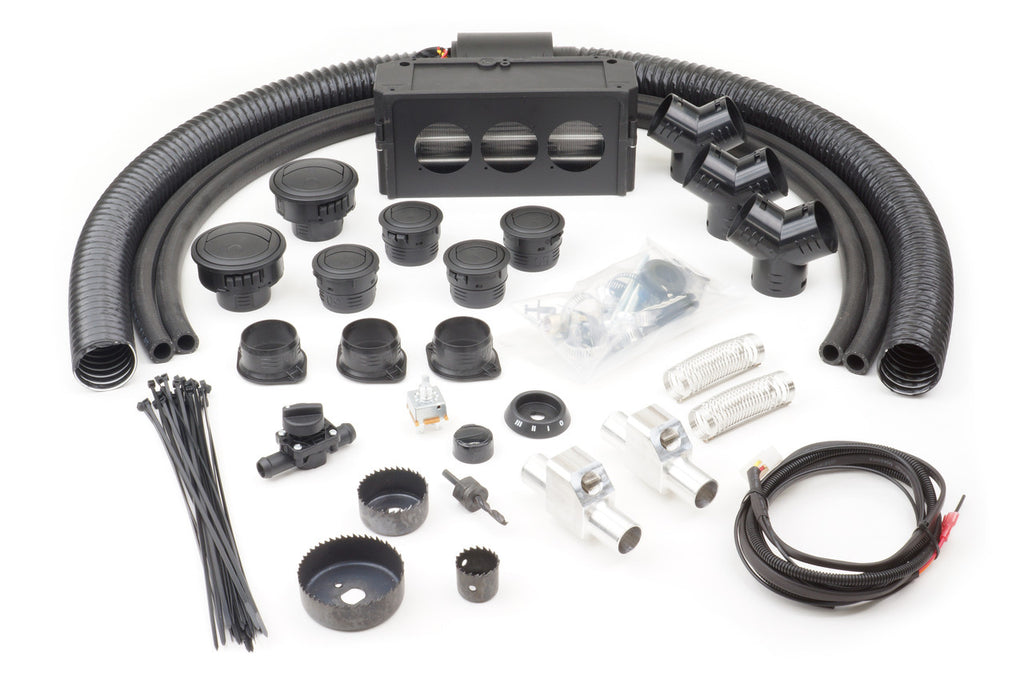 The John Deere Gator 590 All Submodels (2016-2021) Ice Crusher Cab Heater kit includes black hoses, connectors, vents, zip ties, clamps, wiring, screws, a hole saw, and a rectangular blower unit arranged on a white background.