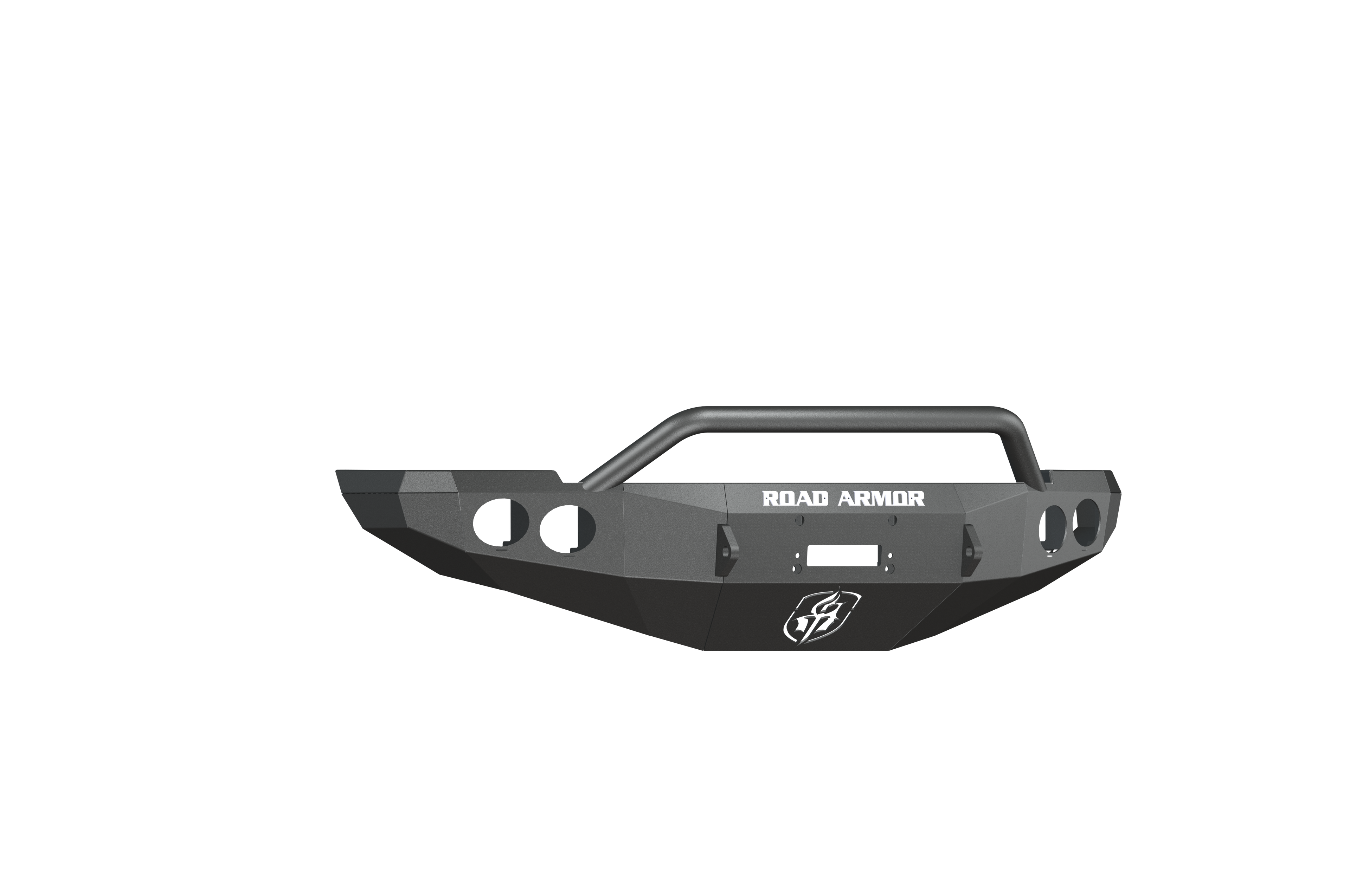 A 2010-2018 Ram 2500 Stealth Front Winch Bumper Pre-Runner Guard in texture black, featuring angular edges, round fog light cutouts, central grill guard bar, white “ROAD ARMOR” text, shield logo under the winch mount—shown on white background.