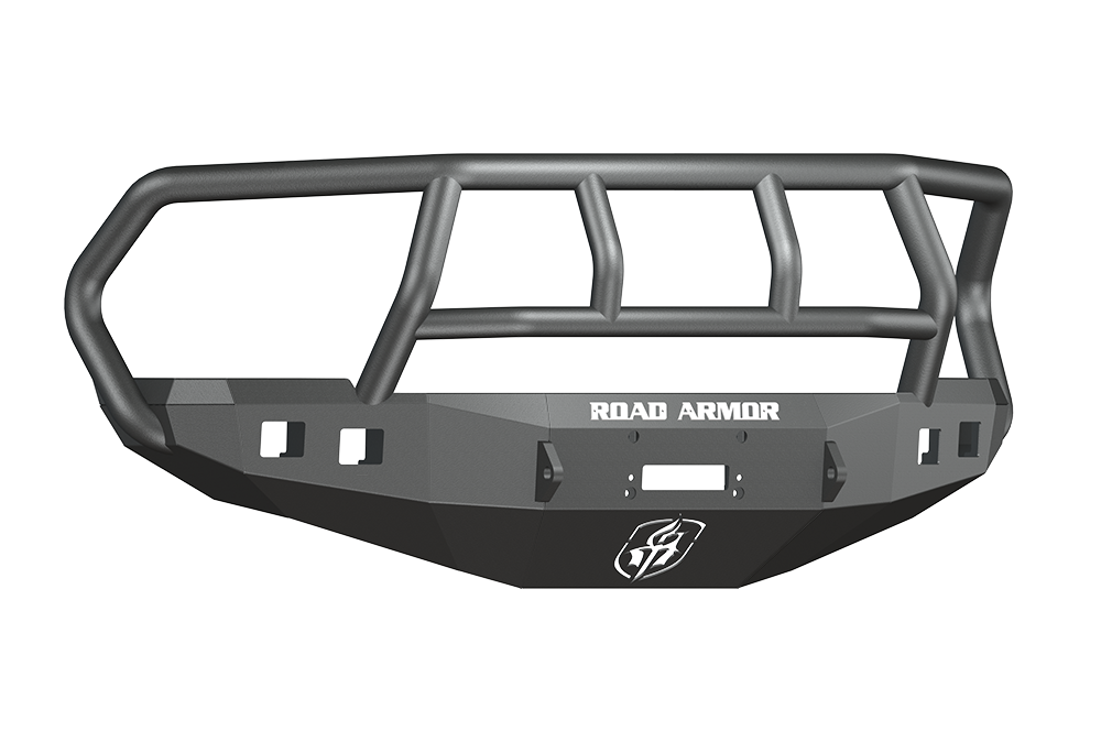 A textured black steel Stealth Front Winch Bumper with Titan II Guard for 2010-2018 Ram 2500 features the white ROAD ARMOR logo, multiple mounting points, and cutouts. Designed for rugged protection; compatible with Warn 16.5Ti winch.