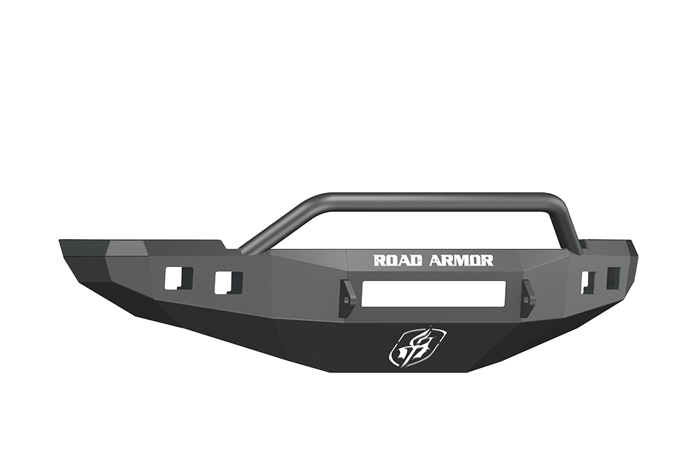 A matte black 2010-2018 Ram 2500 Stealth Front Non-Winch Bumper (Pre-Runner Guard) features a sturdy bull bar, side cutouts, ROAD ARMOR in white on the front, and an embossed geometric logo below. The background is transparent.