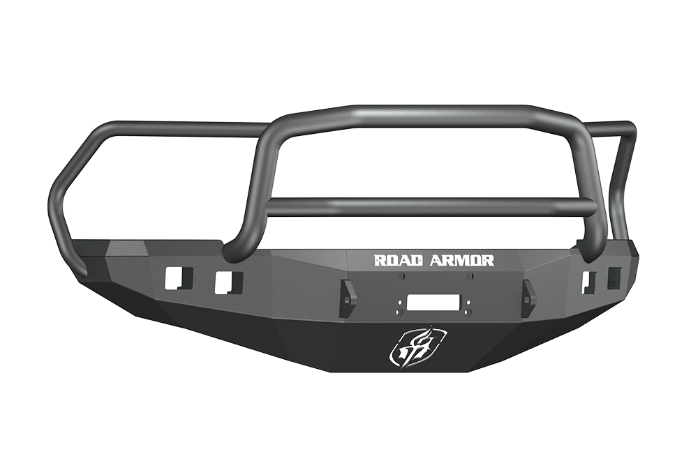 A textured black 2010-2018 Ram 2500 Stealth Front Winch Bumper with Lonestar Guard features angular lines, a central grille guard, two side brush guards, ROAD ARMOR in white text, a logo below, and cutouts for mounting. Compatible with Warn 16.5Ti.