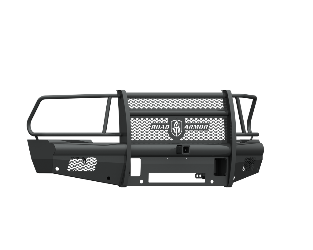 The 2010-2018 Ram 2500 Vaquero Front Non-Winch Bumper Full Guard features rugged, textured black construction with mesh detailing, horizontal and vertical bars, a 2-in receiver, mounting points, and the Ranch Hand logo for front-end protection.