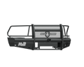 The 2010-2018 Ram 2500 Vaquero Front Non-Winch Bumper Full Guard features rugged, textured black construction with mesh detailing, horizontal and vertical bars, a 2-in receiver, mounting points, and the Ranch Hand logo for front-end protection.