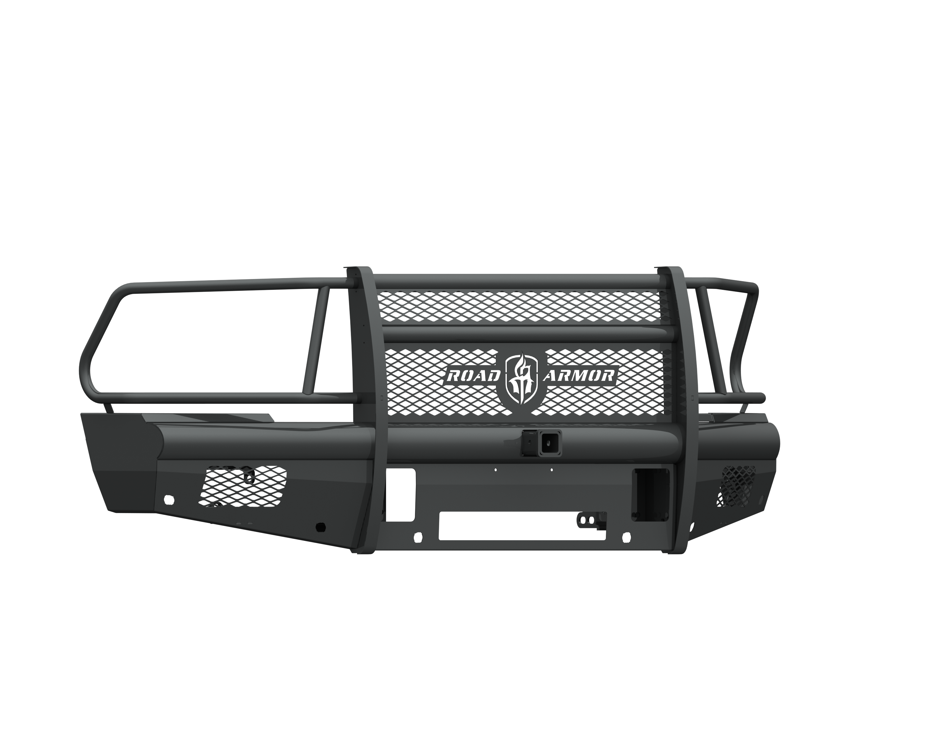 The 2010-2018 Ram 2500 Vaquero Front Non-Winch Bumper Full Guard features rugged, textured black construction with mesh detailing, horizontal and vertical bars, a 2-in receiver, mounting points, and the Ranch Hand logo for front-end protection.