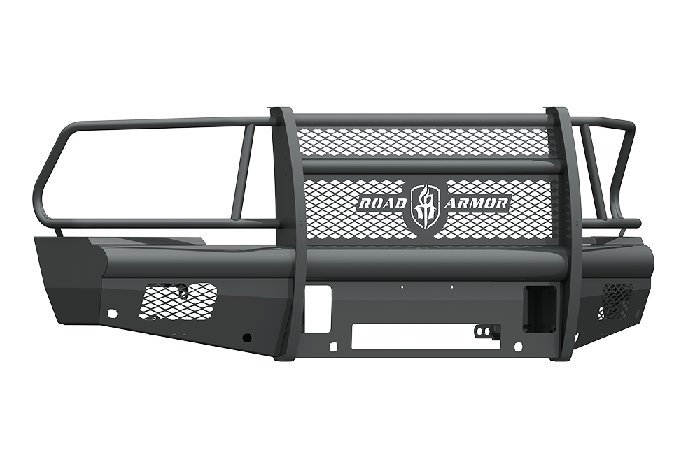 The 2010-2018 Ram 2500 Vaquero Front Non-Winch Bumper Full Guard in texture black features a mesh center, dual horizontal bars, shield-logo ROAD ARMOR text, mounting points, cutouts, and angled sides for front-end protection.