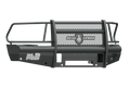 The 2010-2018 Ram 2500 Vaquero Front Non-Winch Bumper Full Guard in texture black features a mesh center, dual horizontal bars, shield-logo ROAD ARMOR text, mounting points, cutouts, and angled sides for front-end protection.